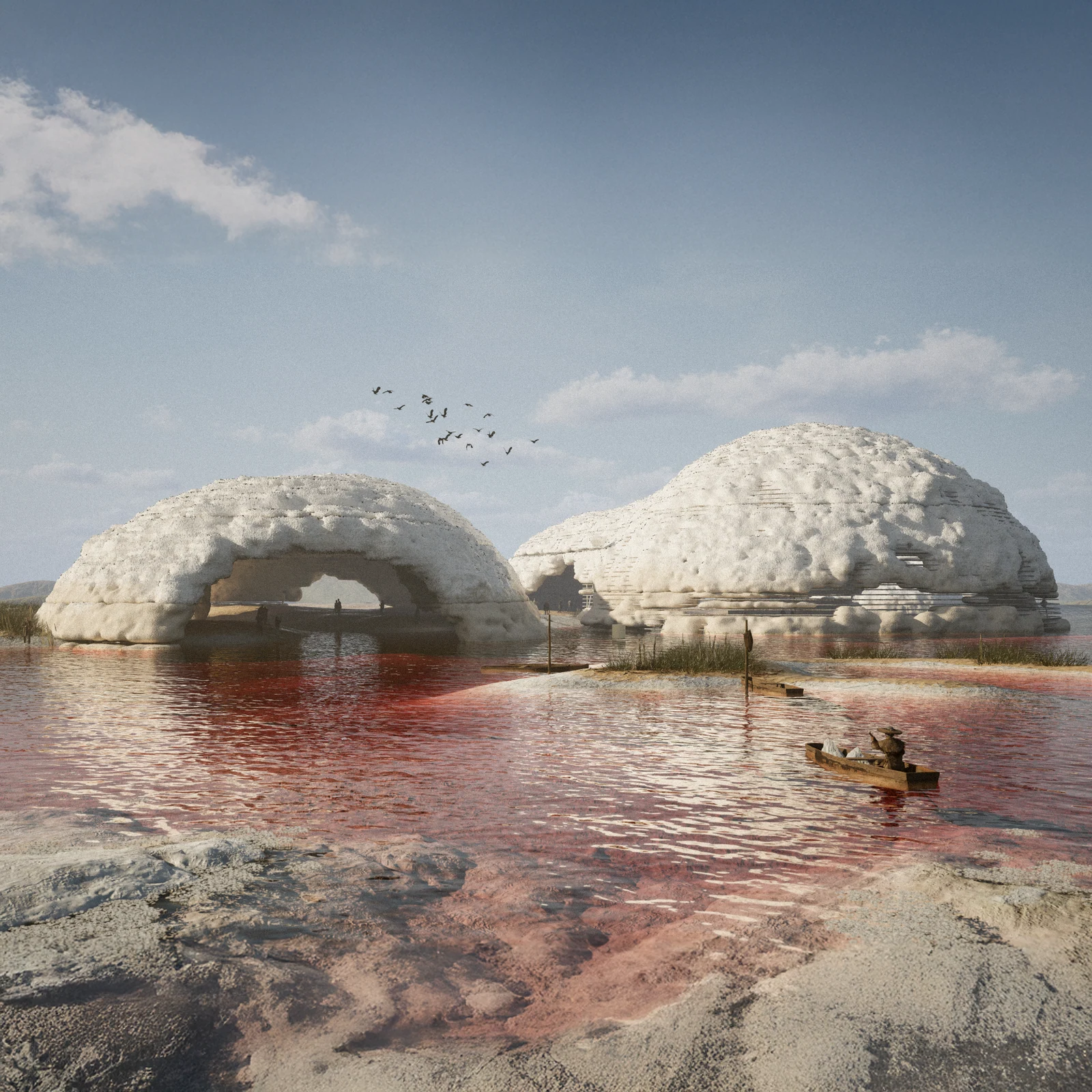 Domes approached across the shallow salt lake