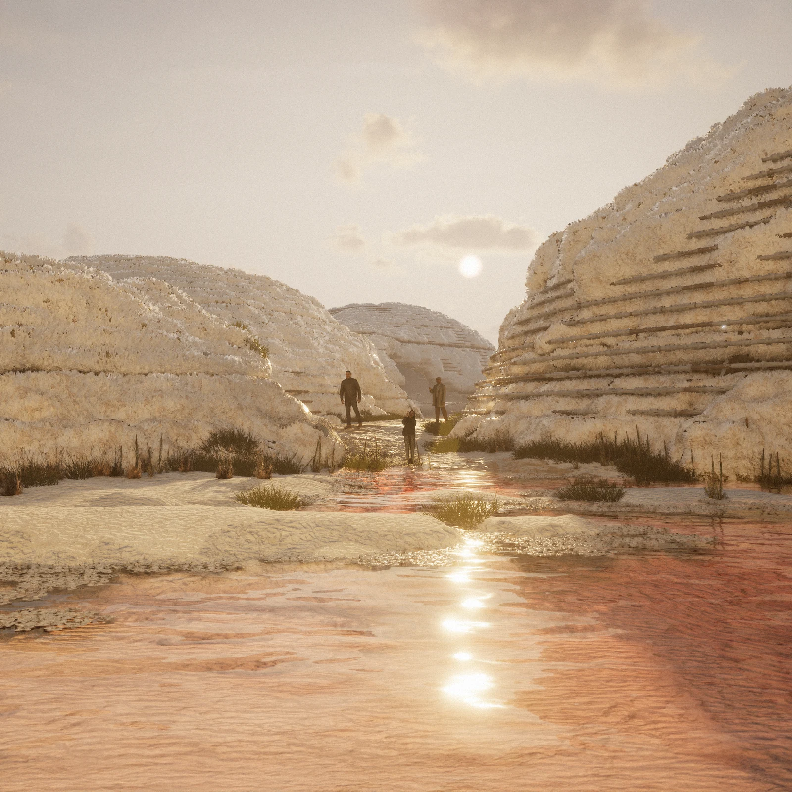 A sunlit passage between crystallised domes
