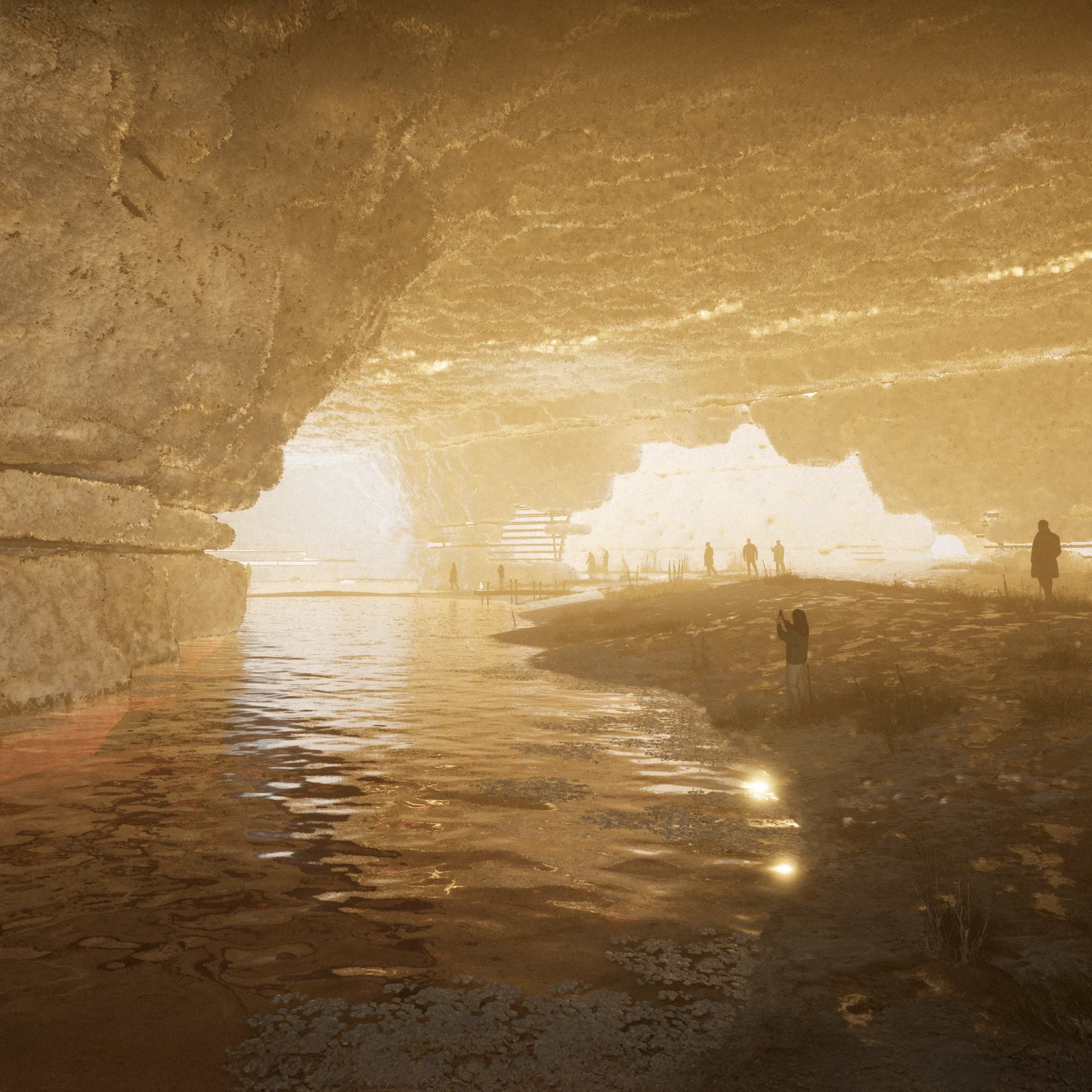 Filtered light across an interior waterway