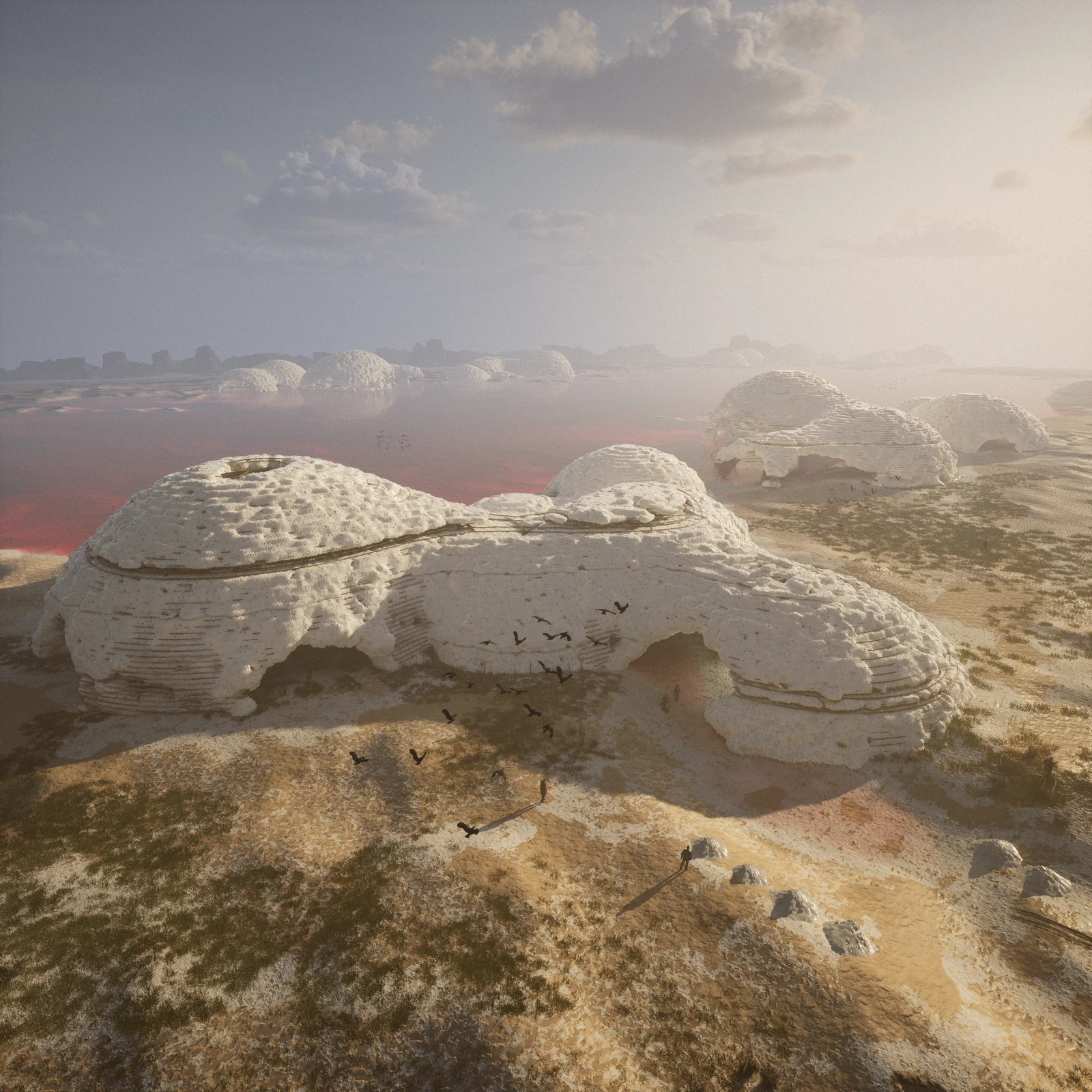 The proposed dome cluster within the wider salt-lake landscape